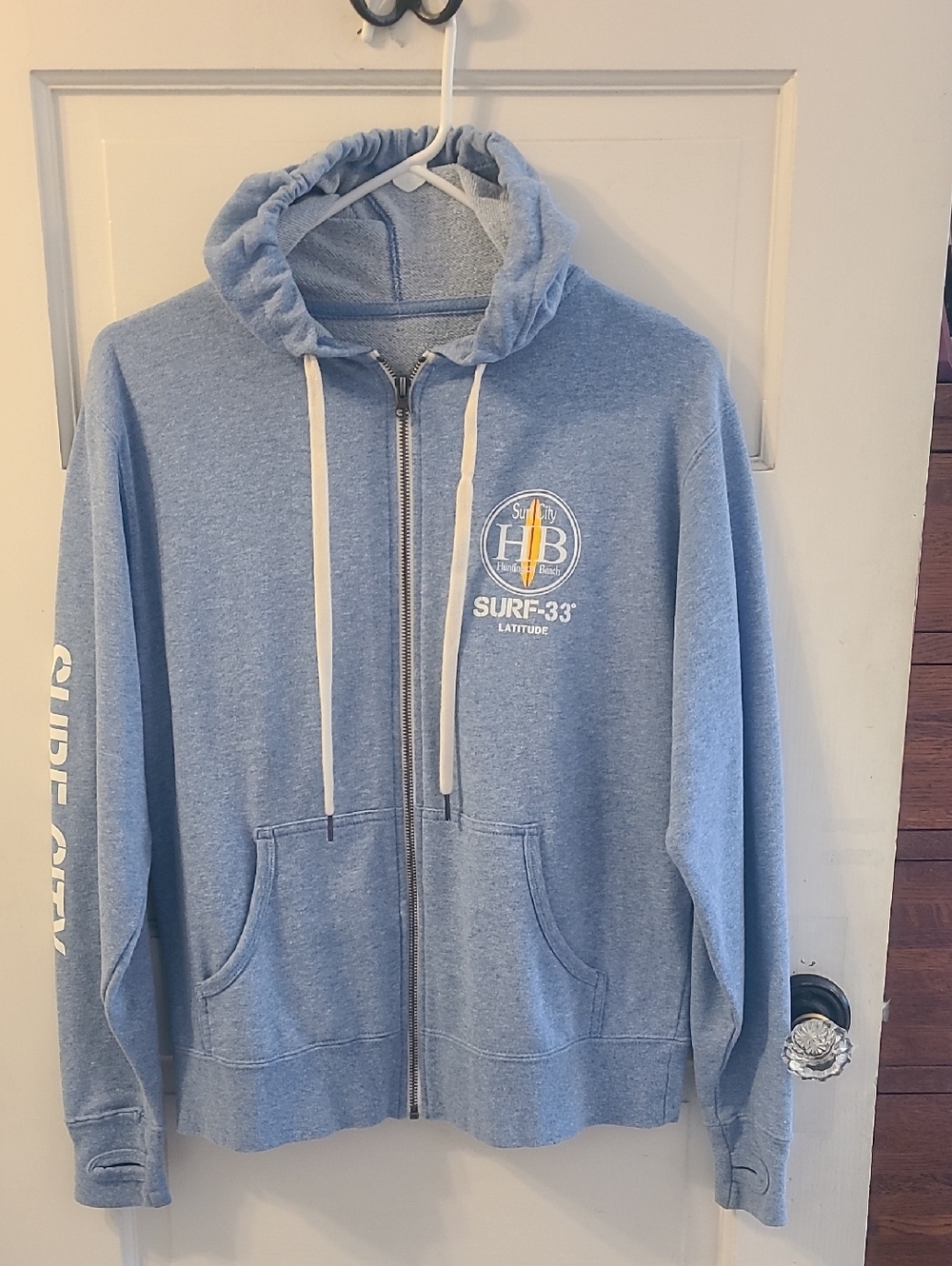 Huntington Beach Surf-33 Light Blue Zip-Up Hoodie with Surf City Logo